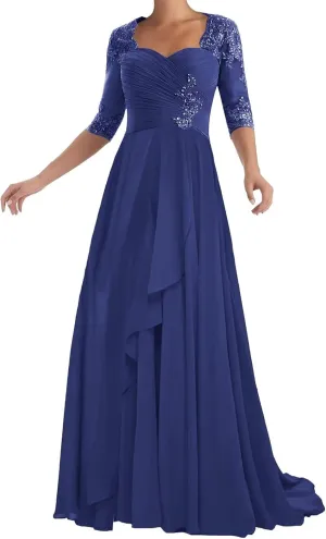 Chiffon Mother of The Bride Dresses with Sleeve Lace Applique A-Line Long Formal Evening Dress for Wedding Guest