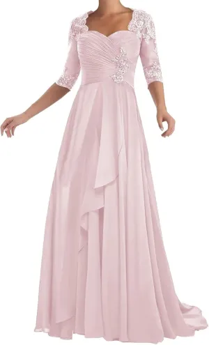 Chiffon Mother of The Bride Dresses with Sleeve Lace Applique A-Line Long Formal Evening Dress for Wedding Guest