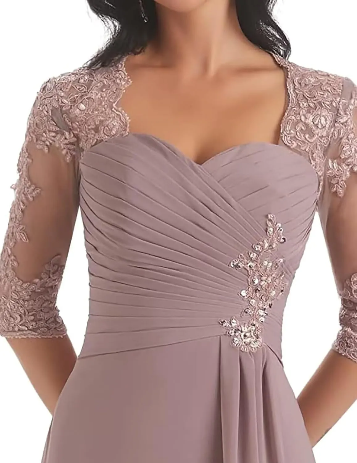 Chiffon Mother of The Bride Dresses with Sleeve Lace Applique A-Line Long Formal Evening Dress for Wedding Guest