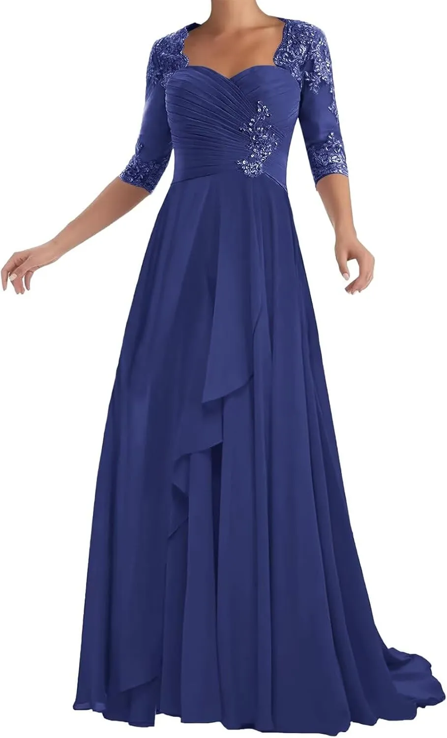 Chiffon Mother of The Bride Dresses with Sleeve Lace Applique A-Line Long Formal Evening Dress for Wedding Guest
