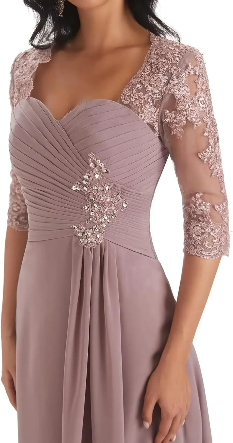 Chiffon Mother of The Bride Dresses with Sleeve Lace Applique A-Line Long Formal Evening Dress for Wedding Guest