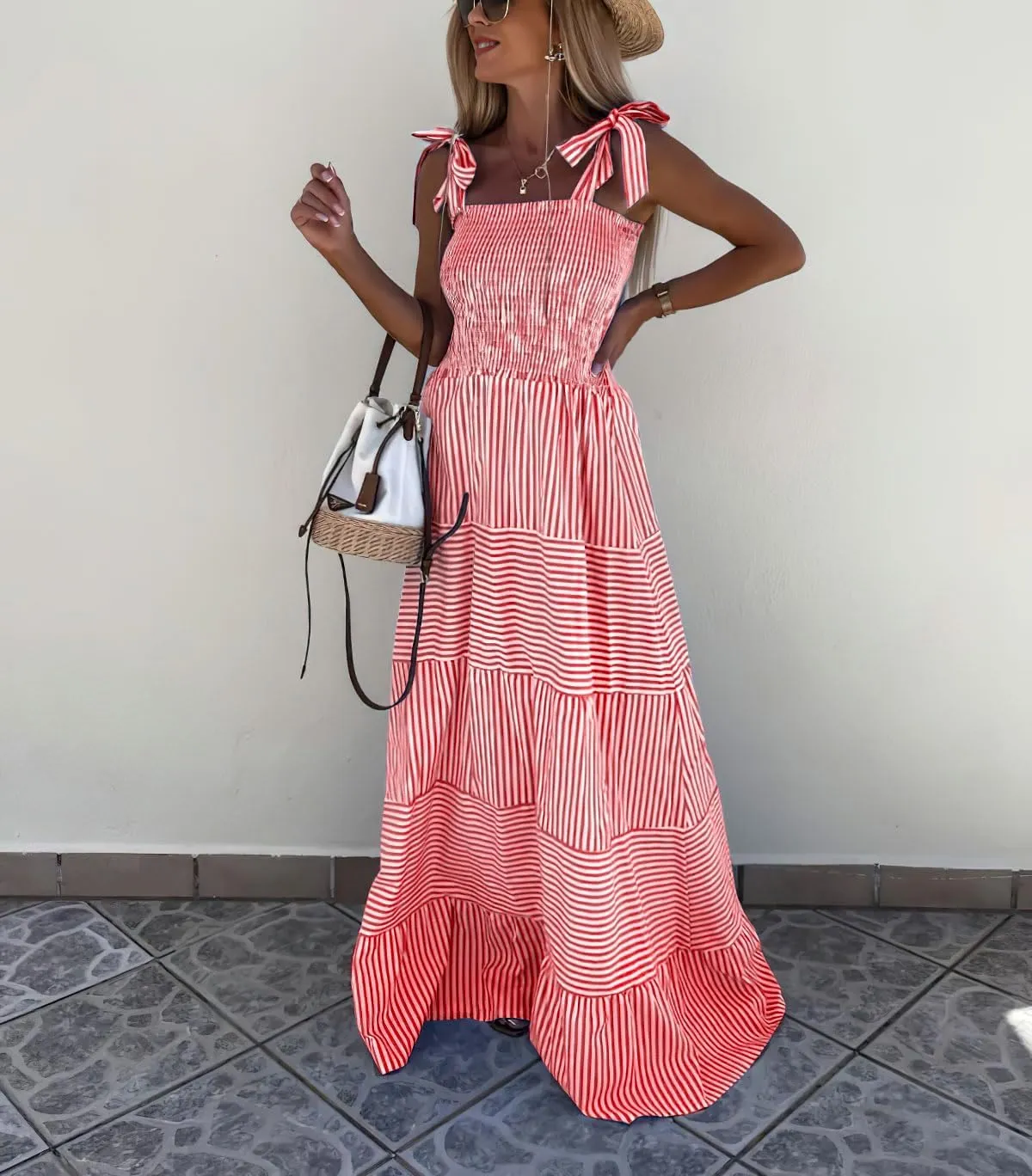 chouyatou Women's Sexy Tie Strap Striped Smocked Maxi Dress Ruffle Tiered Flowy Swing Long Dress with Pockets