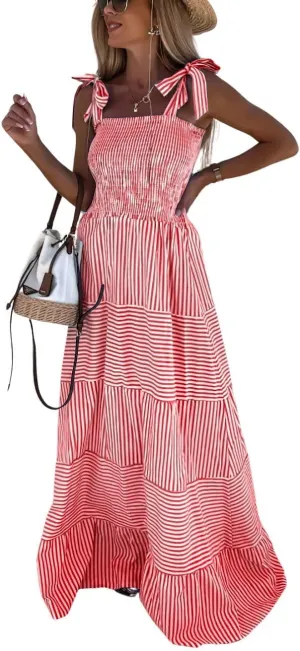 chouyatou Women's Sexy Tie Strap Striped Smocked Maxi Dress Ruffle Tiered Flowy Swing Long Dress with Pockets