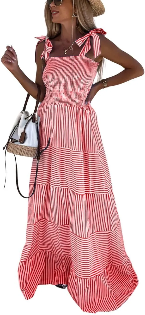 chouyatou Women's Sexy Tie Strap Striped Smocked Maxi Dress Ruffle Tiered Flowy Swing Long Dress with Pockets