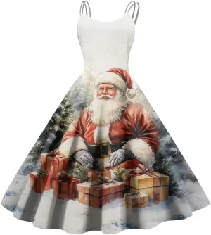 Christmas Sleeveless Dresses for Women Snowflake Plaid Snowman Santa Claus Reindeer Classic Vintage Elegant Dresses