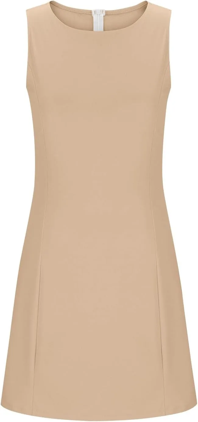 Crew Neck Dresses for Women's Summer Casual Solid Color Sleeveless - Flowy Loose Fit Mini Dress for Lounge