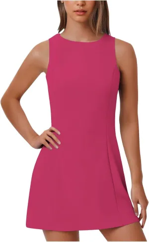 Crew Neck Dresses for Women's Summer Casual Solid Color Sleeveless - Flowy Loose Fit Mini Dress for Lounge