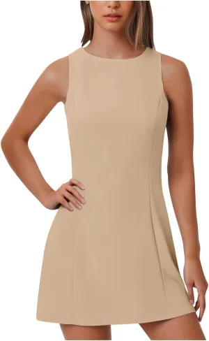 Crew Neck Dresses for Women's Summer Casual Solid Color Sleeveless - Flowy Loose Fit Mini Dress for Lounge