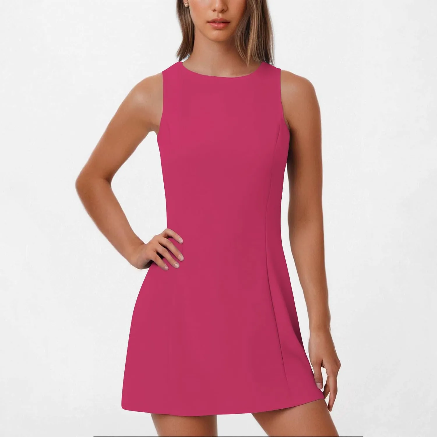 Crew Neck Dresses for Women's Summer Casual Solid Color Sleeveless - Flowy Loose Fit Mini Dress for Lounge