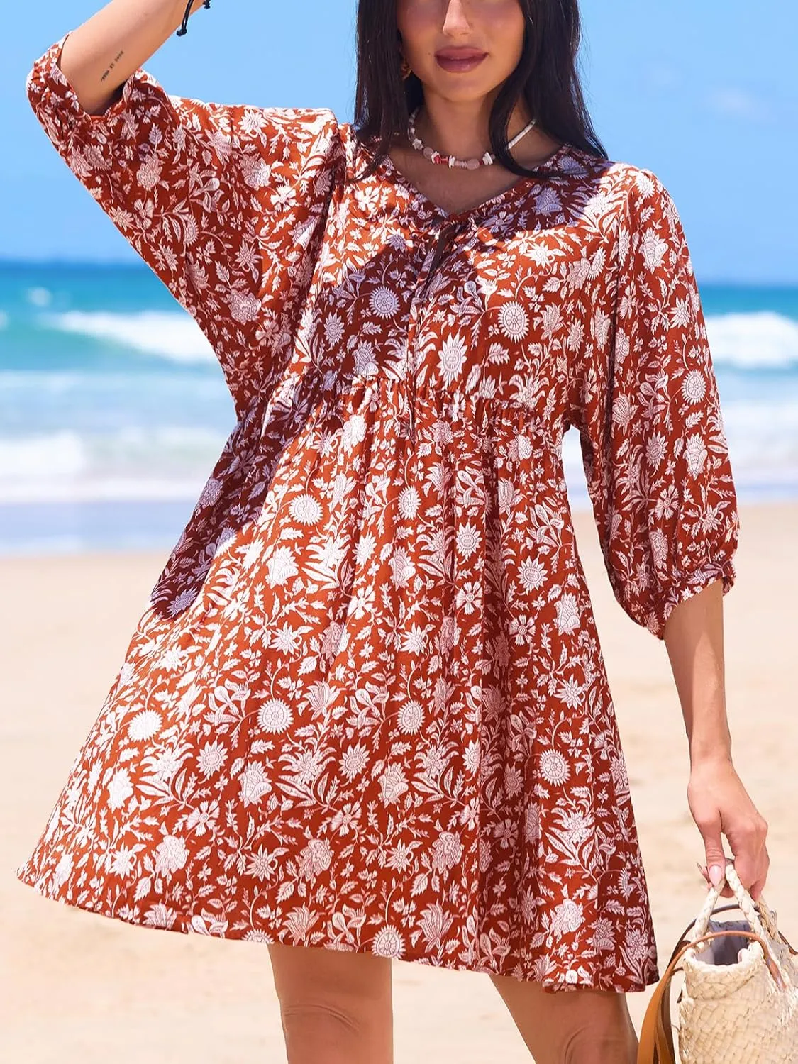 CUPSHE Women Floral Mini Summer Dress Ditsy V Neck Tie Puff Half Sleeve High Waist Smocked A Line Casual Beach Dresses