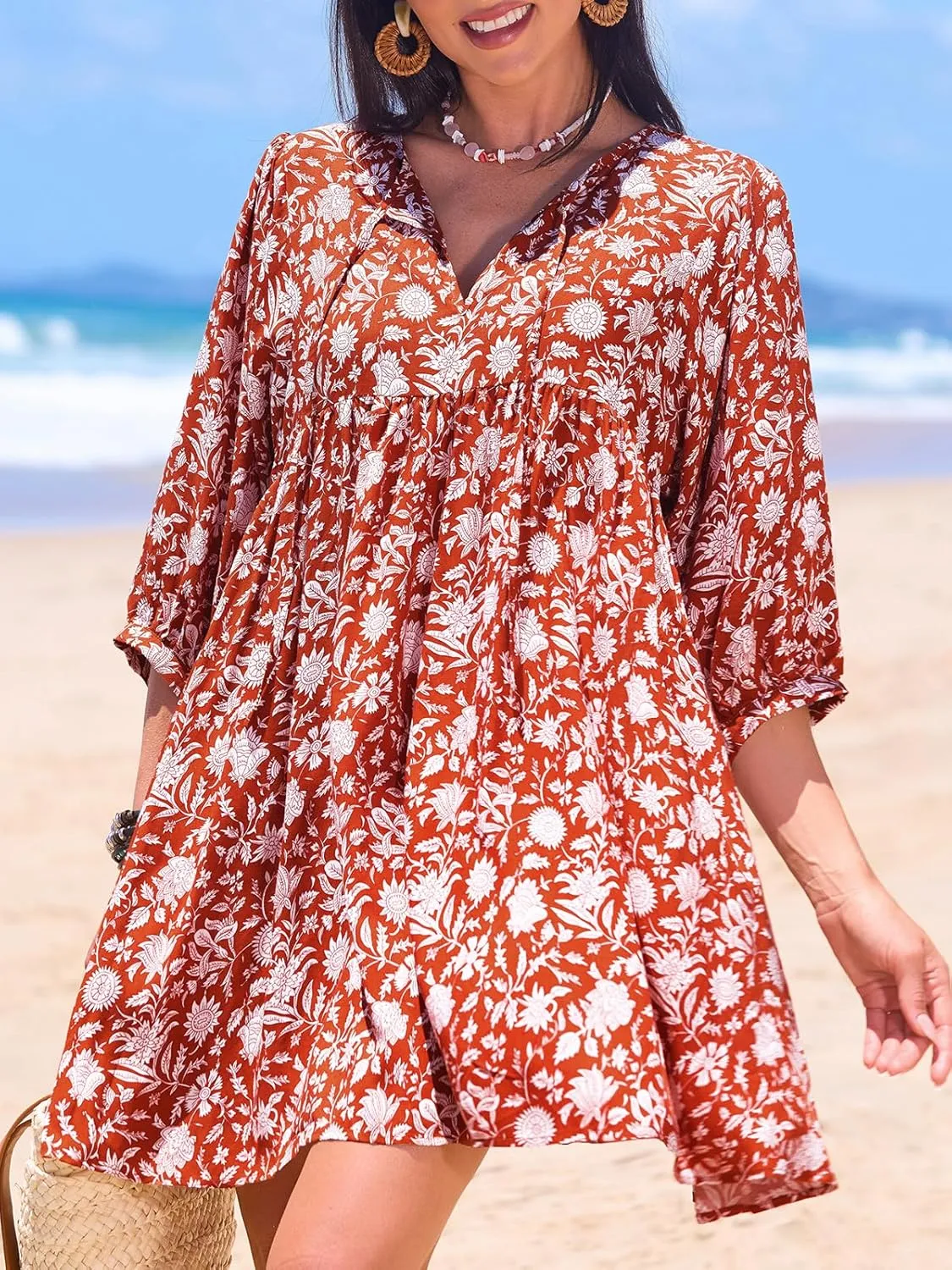 CUPSHE Women Floral Mini Summer Dress Ditsy V Neck Tie Puff Half Sleeve High Waist Smocked A Line Casual Beach Dresses