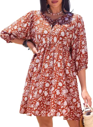 CUPSHE Women Floral Mini Summer Dress Ditsy V Neck Tie Puff Half Sleeve High Waist Smocked A Line Casual Beach Dresses