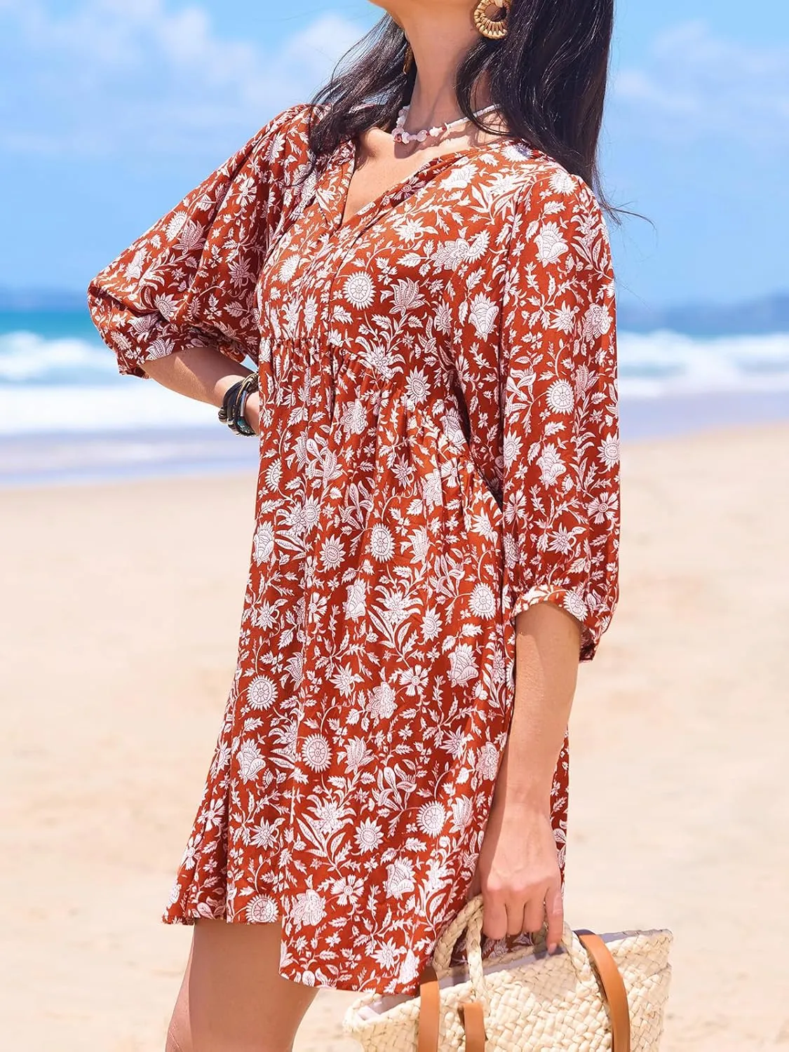 CUPSHE Women Floral Mini Summer Dress Ditsy V Neck Tie Puff Half Sleeve High Waist Smocked A Line Casual Beach Dresses