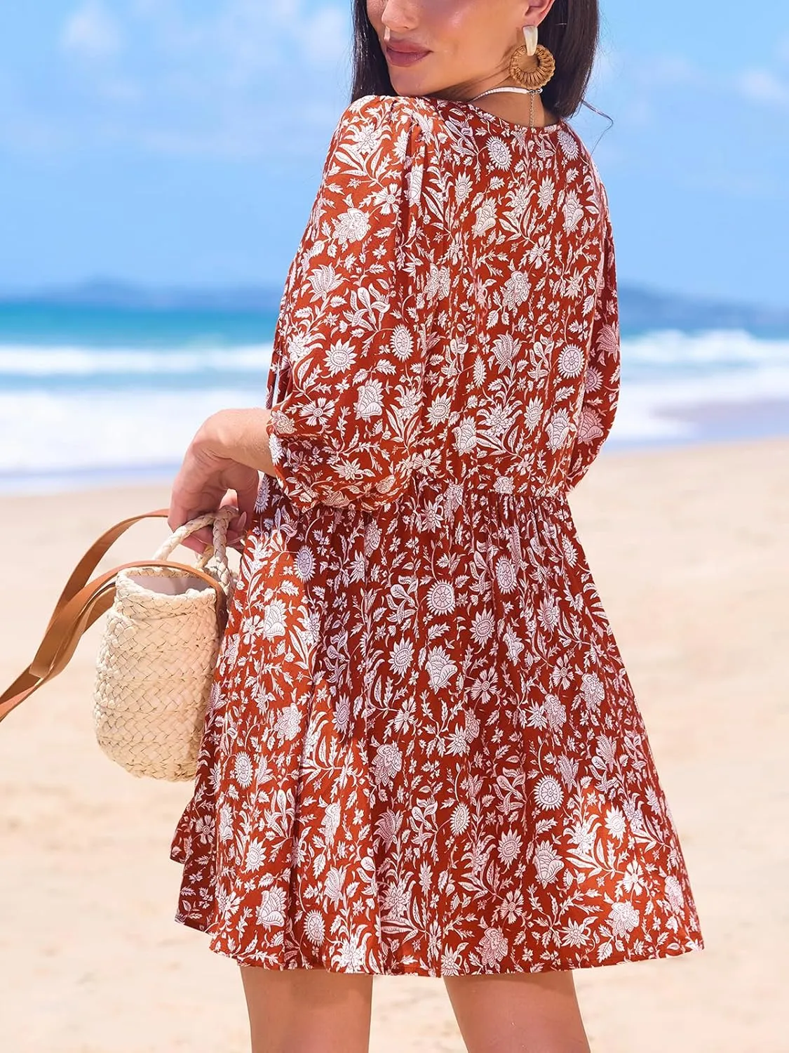 CUPSHE Women Floral Mini Summer Dress Ditsy V Neck Tie Puff Half Sleeve High Waist Smocked A Line Casual Beach Dresses