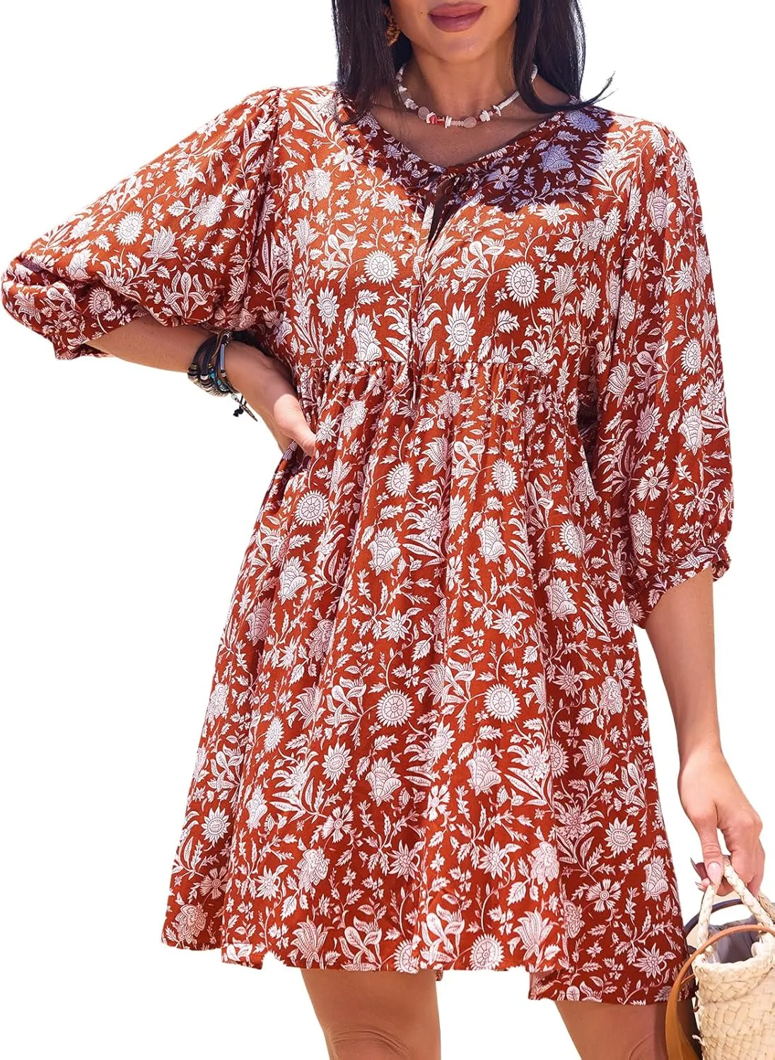 CUPSHE Women Floral Mini Summer Dress Ditsy V Neck Tie Puff Half Sleeve High Waist Smocked A Line Casual Beach Dresses