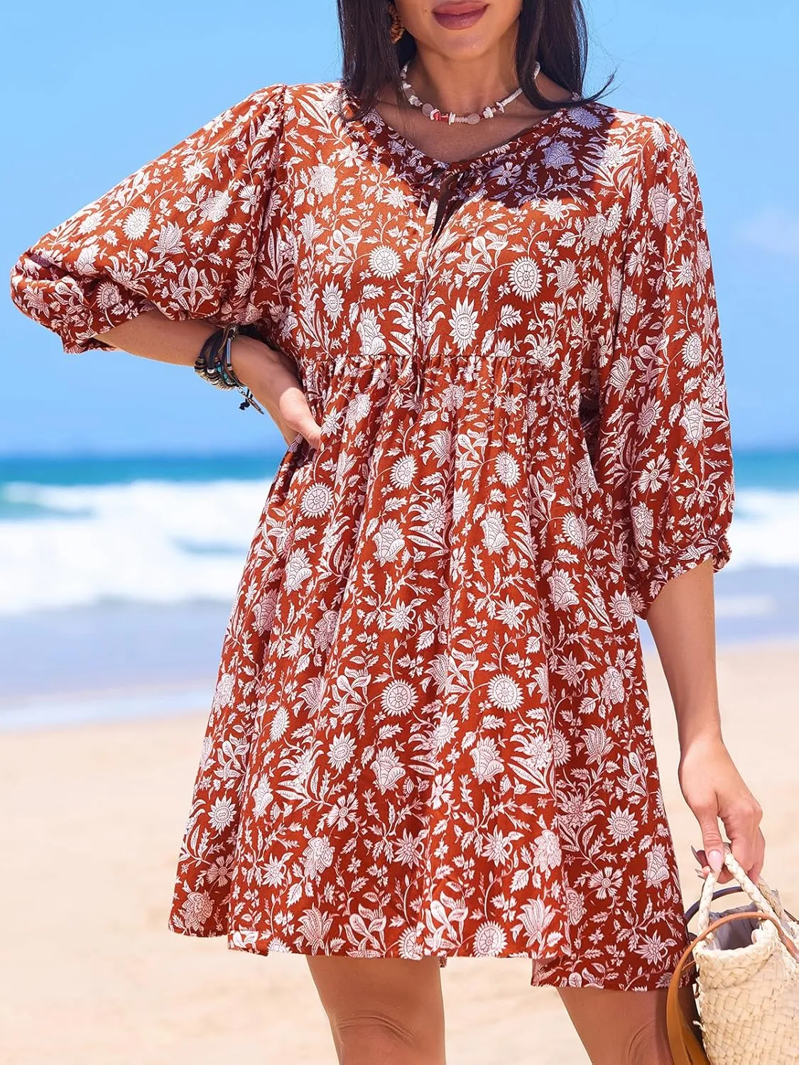 CUPSHE Women Floral Mini Summer Dress Ditsy V Neck Tie Puff Half Sleeve High Waist Smocked A Line Casual Beach Dresses