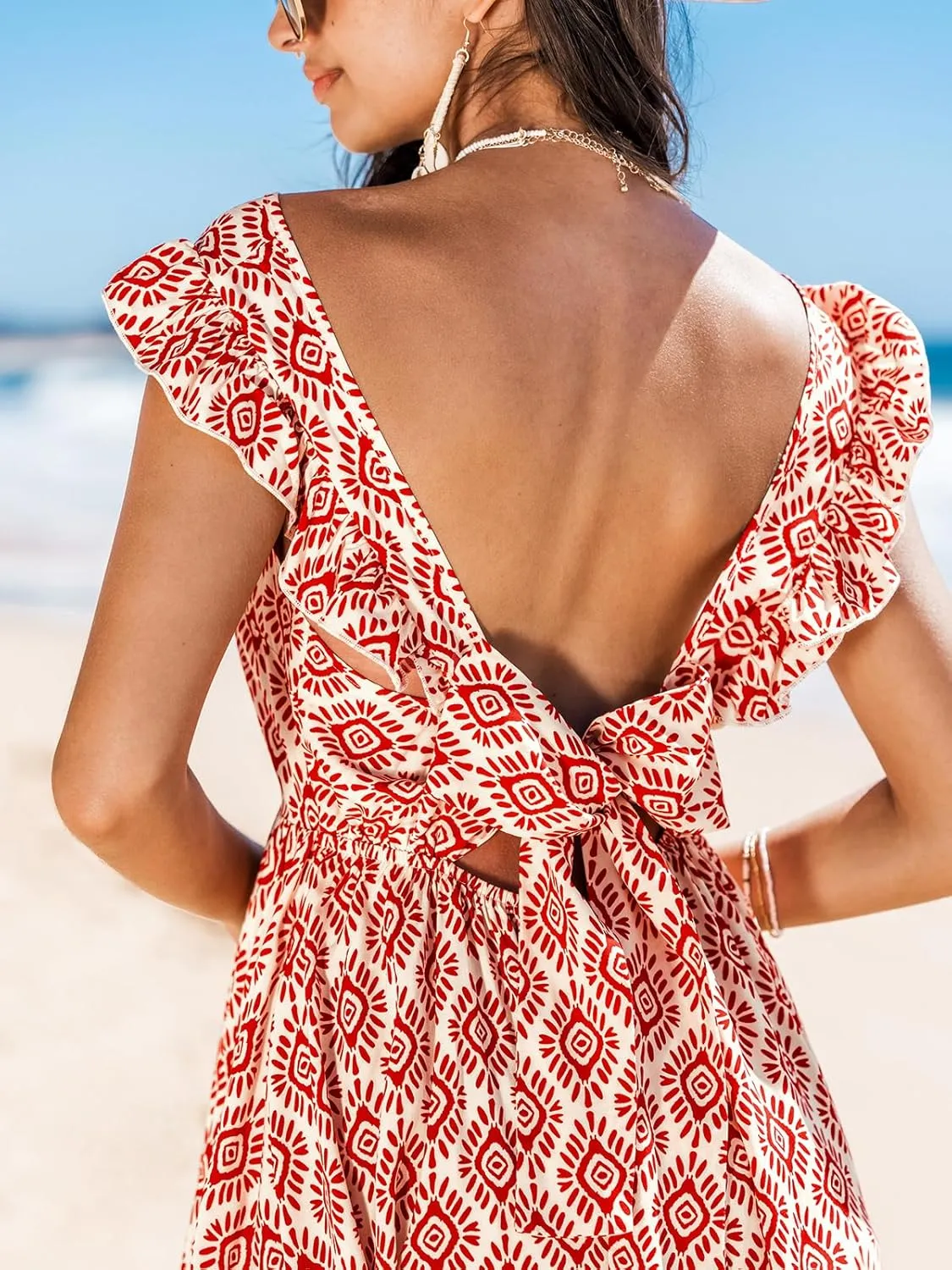 CUPSHE Women's Mini Dress V Neck Flutter Sleeve Cotton Self Tie Back A Line Short Summer Cover Up Dress