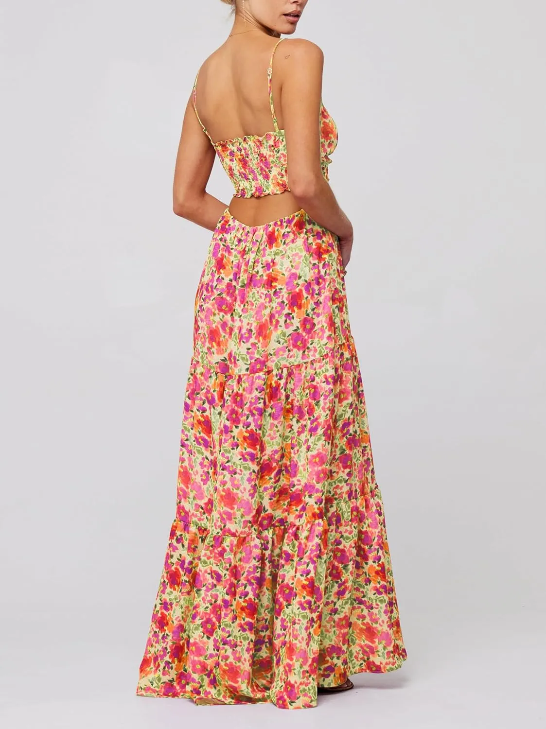 Cute Floral Long Sundresses for Women Boho Smocked Spaghetti Strap Dress Y2k Flowy Beach Ruffle Backless Maxi Dress