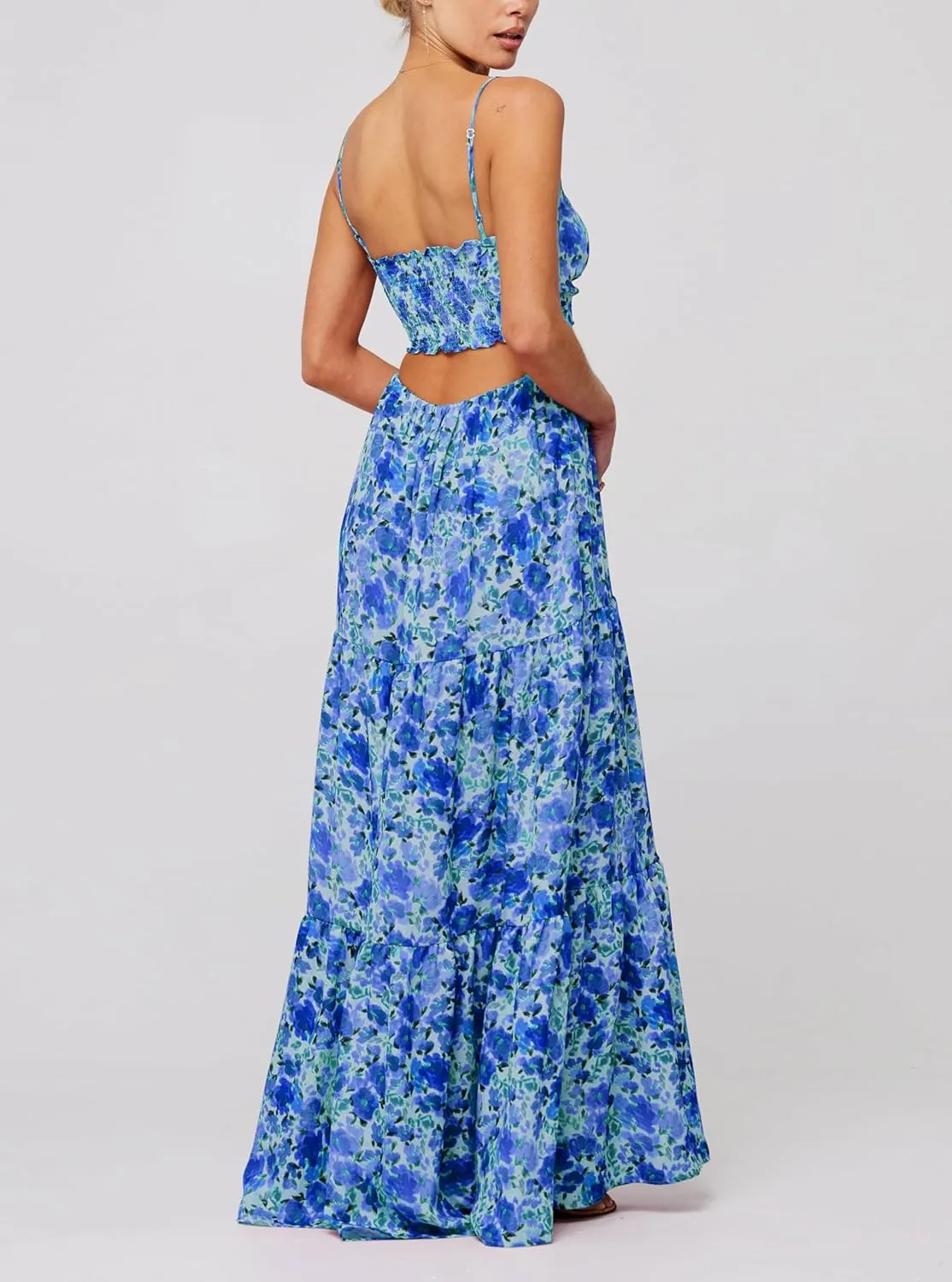 Cute Floral Long Sundresses for Women Boho Smocked Spaghetti Strap Dress Y2k Flowy Beach Ruffle Backless Maxi Dress