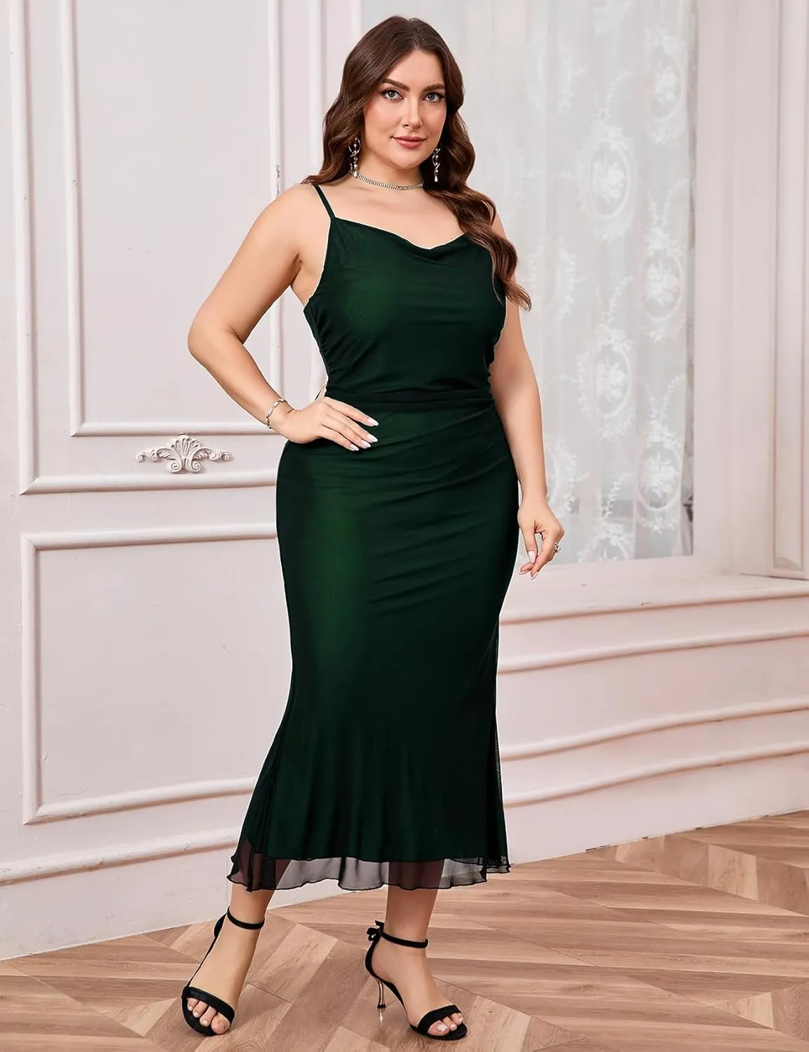 CYCLAMEN Plus Size Mesh Mermaid Dress Ruched Spaghetti Strap Fitted Sleeveless Cami Dresses Cocktail Party Wedding Guest