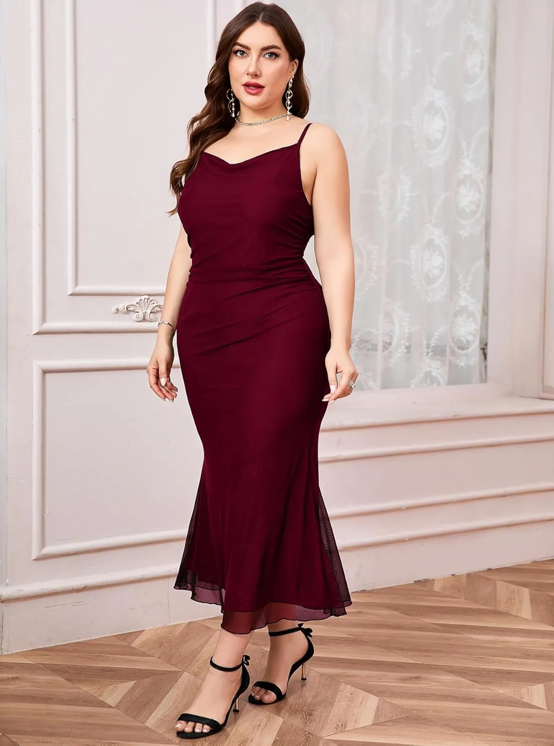 CYCLAMEN Plus Size Mesh Mermaid Dress Ruched Spaghetti Strap Fitted Sleeveless Cami Dresses Cocktail Party Wedding Guest