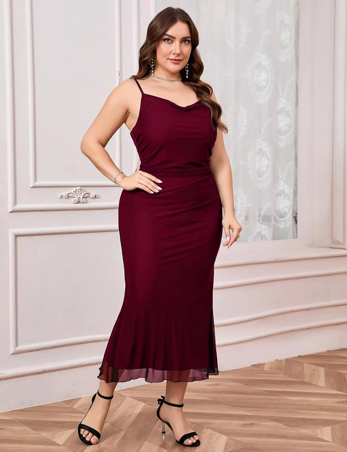 CYCLAMEN Plus Size Mesh Mermaid Dress Ruched Spaghetti Strap Fitted Sleeveless Cami Dresses Cocktail Party Wedding Guest