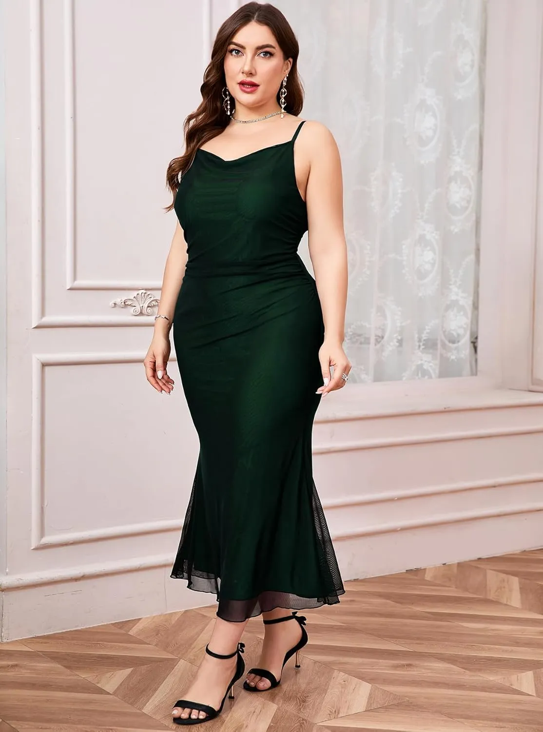 CYCLAMEN Plus Size Mesh Mermaid Dress Ruched Spaghetti Strap Fitted Sleeveless Cami Dresses Cocktail Party Wedding Guest