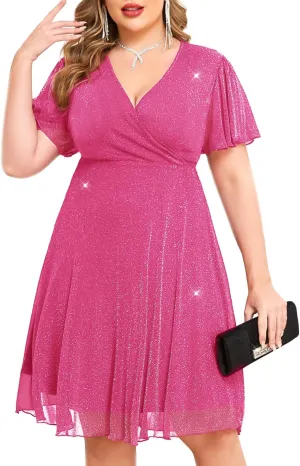 CYCLAMEN Plus Size Sparkly Mesh Dress A Line Short Ruffle Sleeve V Neck Wrap Glitter Dresses Wedding Guest Cocktail Club
