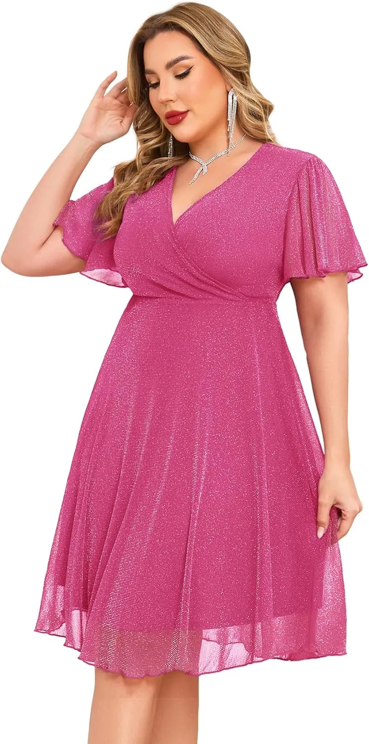 CYCLAMEN Plus Size Sparkly Mesh Dress A Line Short Ruffle Sleeve V Neck Wrap Glitter Dresses Wedding Guest Cocktail Club