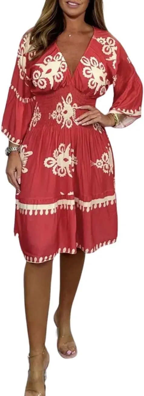 Deep V Neck 3/4 Sleeve Floral Dresses for Women Summer Causal Loose Party Cocktail Tunic Dress Boho A-Line Midi Dress