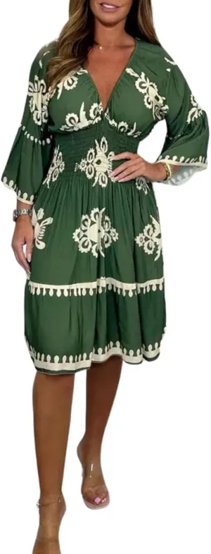 Deep V Neck 3/4 Sleeve Floral Dresses for Women Summer Causal Loose Party Cocktail Tunic Dress Boho A-Line Midi Dress