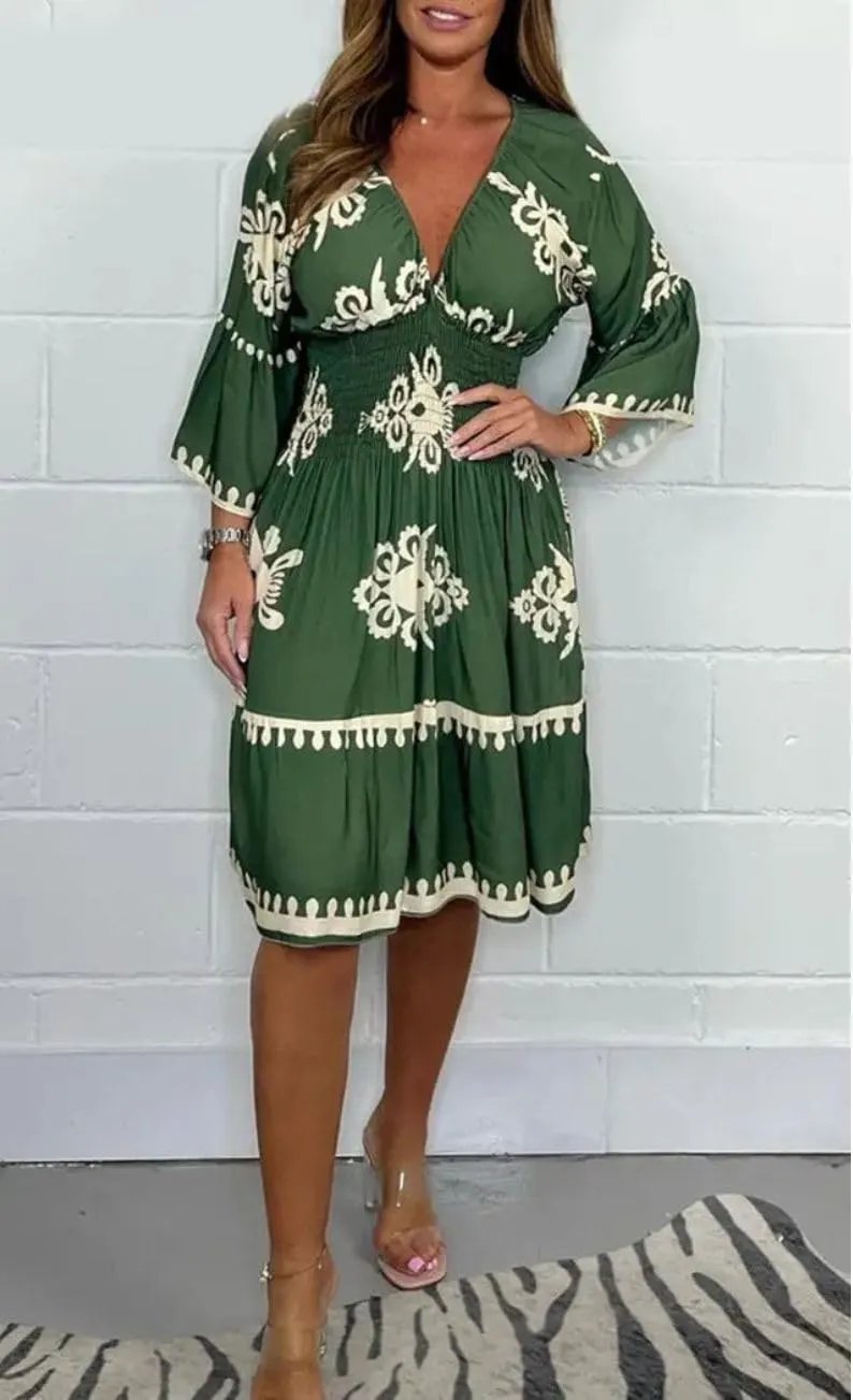 Deep V Neck 3/4 Sleeve Floral Dresses for Women Summer Causal Loose Party Cocktail Tunic Dress Boho A-Line Midi Dress