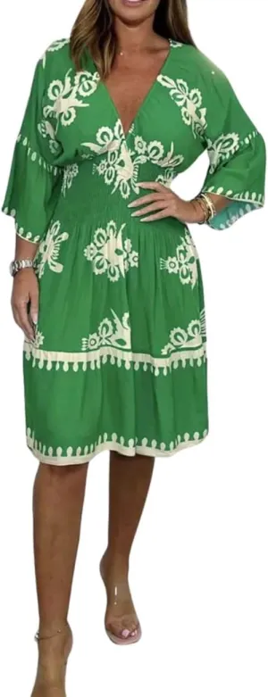 Deep V Neck 3/4 Sleeve Floral Dresses for Women Summer Causal Loose Party Cocktail Tunic Dress Boho A-Line Midi Dress