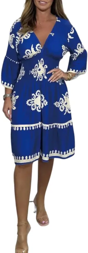 Deep V Neck 3/4 Sleeve Floral Dresses for Women Summer Causal Loose Party Cocktail Tunic Dress Boho A-Line Midi Dress