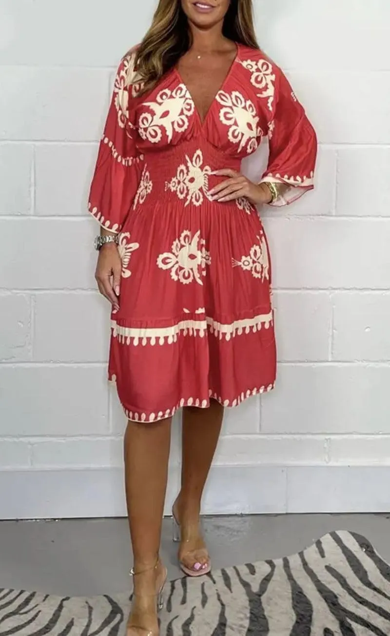 Deep V Neck 3/4 Sleeve Floral Dresses for Women Summer Causal Loose Party Cocktail Tunic Dress Boho A-Line Midi Dress