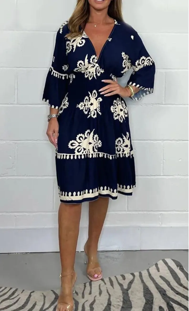 Deep V Neck 3/4 Sleeve Floral Dresses for Women Summer Causal Loose Party Cocktail Tunic Dress Boho A-Line Midi Dress
