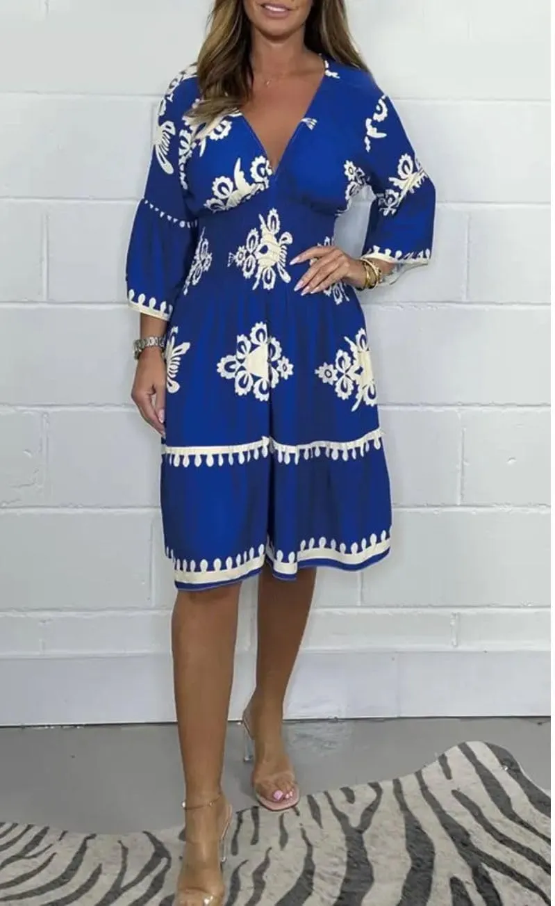 Deep V Neck 3/4 Sleeve Floral Dresses for Women Summer Causal Loose Party Cocktail Tunic Dress Boho A-Line Midi Dress