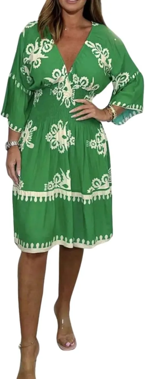 Deep V Neck 3/4 Sleeve Floral Dresses for Women Summer Causal Loose Party Cocktail Tunic Dress Boho A-Line Midi Dress