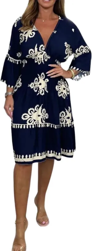 Deep V Neck 3/4 Sleeve Floral Dresses for Women Summer Causal Loose Party Cocktail Tunic Dress Boho A-Line Midi Dress