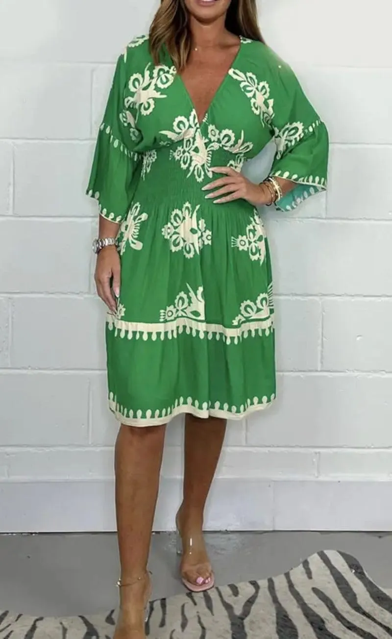 Deep V Neck 3/4 Sleeve Floral Dresses for Women Summer Causal Loose Party Cocktail Tunic Dress Boho A-Line Midi Dress