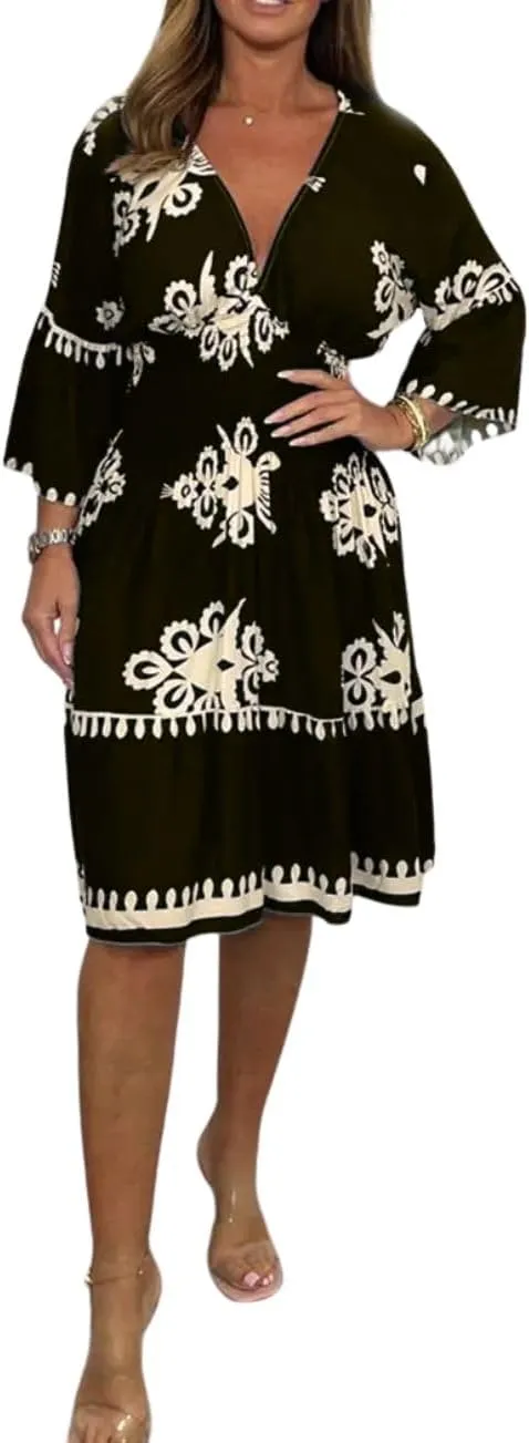 Deep V Neck 3/4 Sleeve Floral Dresses for Women Summer Causal Loose Party Cocktail Tunic Dress Boho A-Line Midi Dress
