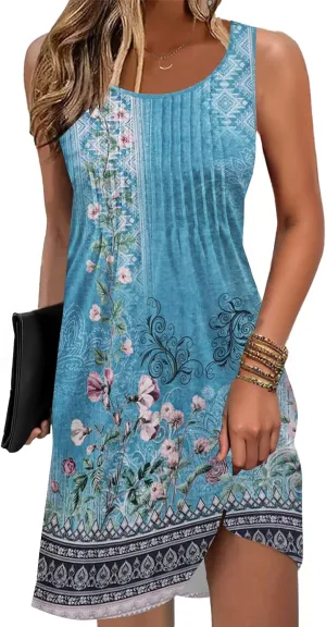 Disamer Sun Dresses for Women 2025 Vacation Pleated Summer Dress Trendy Spring Beach Coverups Sleeveless Tank Tshirt Sundress