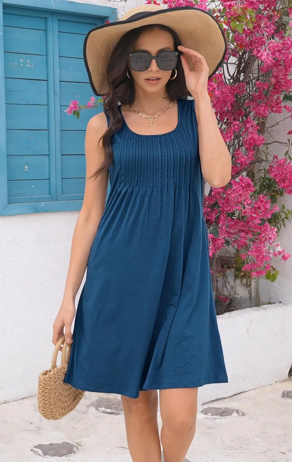 Disamer Sun Dresses for Women 2025 Vacation Pleated Summer Dress Trendy Spring Beach Coverups Sleeveless Tank Tshirt Sundress