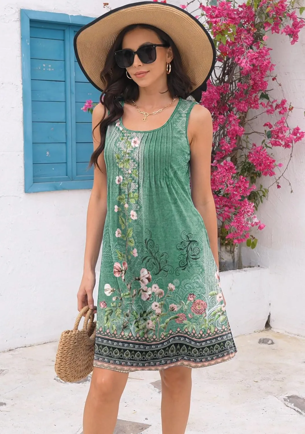 Disamer Sun Dresses for Women 2025 Vacation Pleated Summer Dress Trendy Spring Beach Coverups Sleeveless Tank Tshirt Sundress
