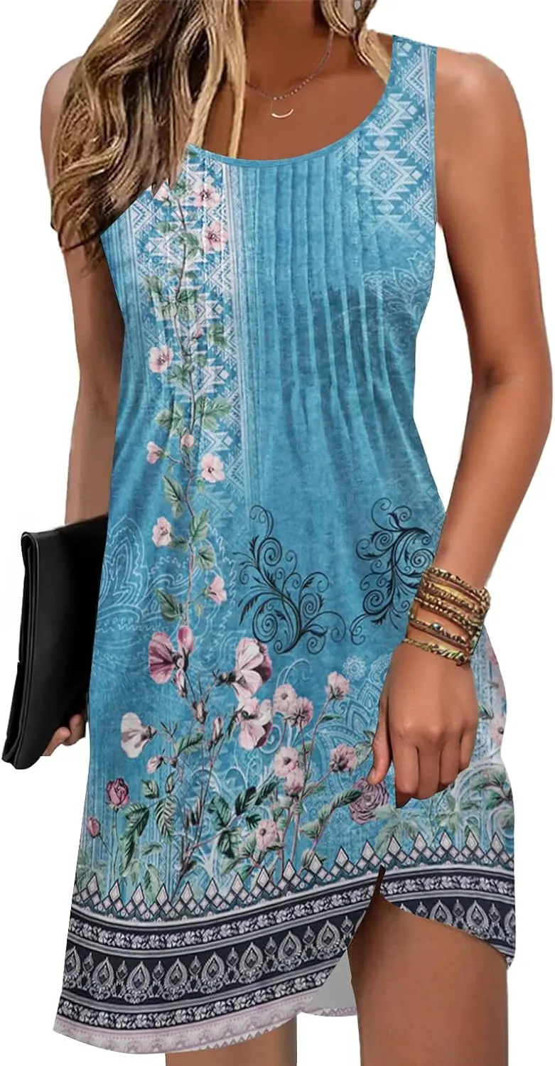 Disamer Sun Dresses for Women 2025 Vacation Pleated Summer Dress Trendy Spring Beach Coverups Sleeveless Tank Tshirt Sundress
