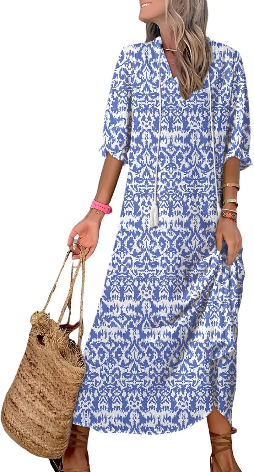 Dokotoo Women Boho Summer Dress 2024 Frill Short Sleeve Tassel V Neck Ruffle Flowy A-Line Maxi Dresses