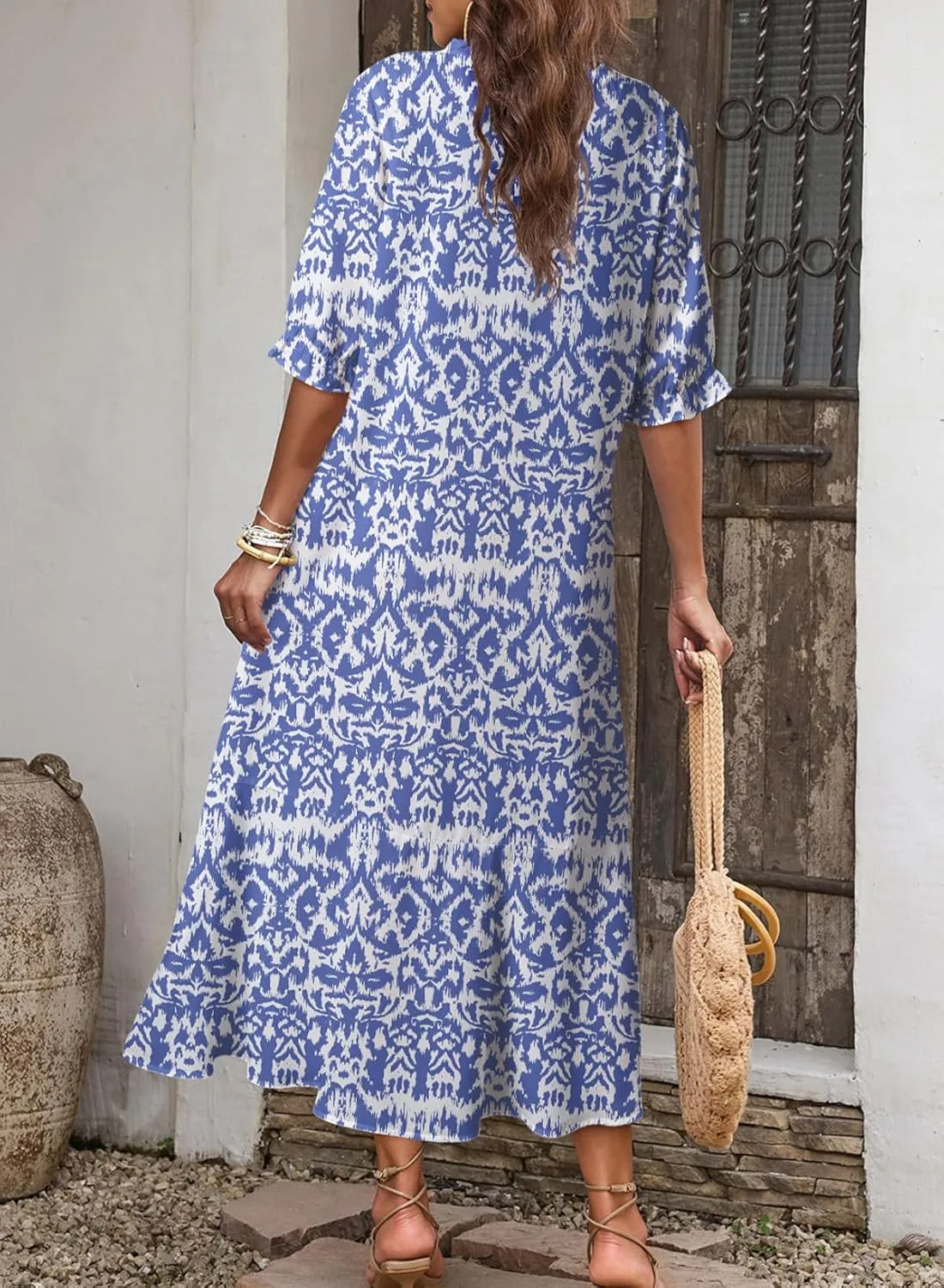 Dokotoo Women Boho Summer Dress 2024 Frill Short Sleeve Tassel V Neck Ruffle Flowy A-Line Maxi Dresses