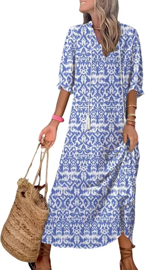 Dokotoo Women Boho Summer Dress 2024 Frill Short Sleeve Tassel V Neck Ruffle Flowy A-Line Maxi Dresses