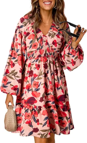 Dokotoo Womens Dresses 2025 Boho Floral V Neck Long Sleeve Smocked Elastic Waist Casual A-Line Swing Mini Dress Sundress