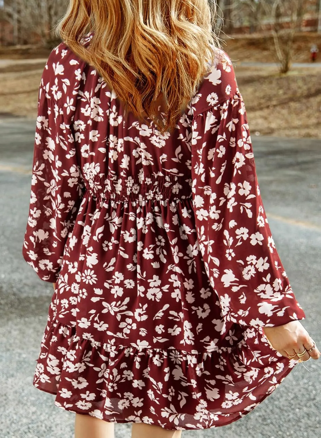 Dokotoo Womens Dresses 2025 Boho Floral V Neck Long Sleeve Smocked Elastic Waist Casual A-Line Swing Mini Dress Sundress